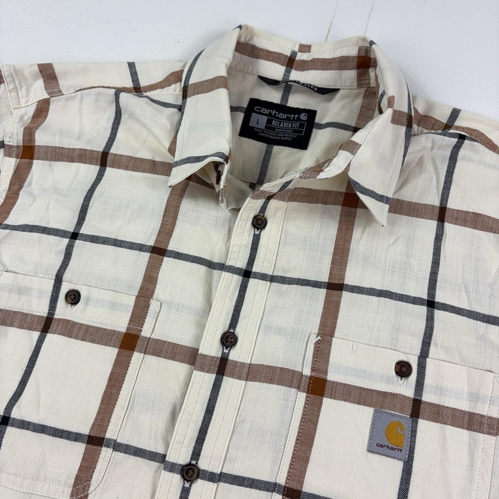 Carhartt Shirt Mens Large Beige Plaid Short Sleeve Button Up Rugged Flex Relaxed